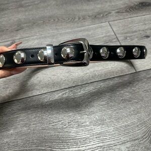 KHAITE Black Leather Studded Belt with Silver Hardware